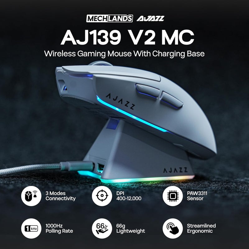 MechLands AJAZZ AJ139 V2 MC Gaming Mouse with Charging Base, Adjustable 12,000 DPI, PAW3311 Sensor, 3 Modes Wireless Mouse, 500mAh Battery, 1000 Polling Rate, 66g Lightweight, Win/Mac (White) - Image 2
